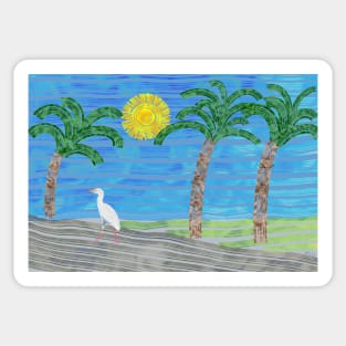 Cattle Egret walking, a palm tree and the sun shining Sticker